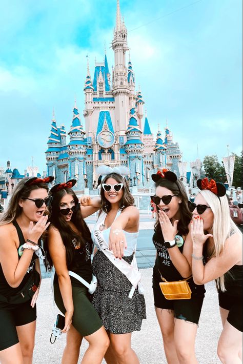 Disney Themed Hen Party, Magic Kingdom Bachelorette Party, Bachelorette At Disneyland, Bachelorette Party At Disney, Bridal Disney Outfit, Bachelorette Party Disneyland, Bachelorette Party Ideas Disney, Disney Hen Do, Bachelorette Disneyland