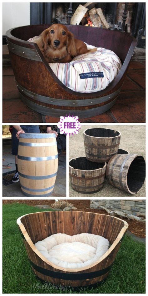 How To Turn A Wine Barrel Into A Dog Bed - DIY Tutorial End Table Dog Bed, Barrel Dog Bed, Wine Barrel Dog Bed, Dog House Diy, Diy Dog Bed, Wine Barrels, Dog Rooms, Dog Projects, Diy Dog