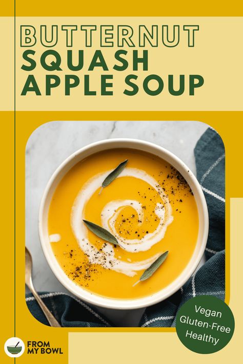 This 35-Minute Butternut Squash Soup is made with creamy squash, tart Granny Smith apple, and herbaceous rosemary and sage for a creamy soup bursting with fall flavor. Vegan, Gluten-Free, Oil-Free option. Squash And Apple Soup, Lentil Potato Soup, Squash Apple Soup, Healthy Vegan Soup, Butternut Squash Apple Soup, Butternut Squash Apple, Apple Soup, Fall Nights, Soup Vegan