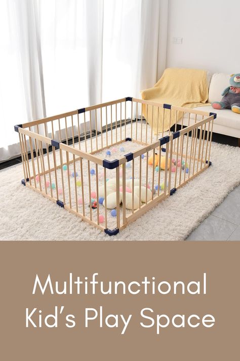 We love this Kids Play Fence with Door! We don't love plastic products and this wooden playpen is sturdy, functional, and fits right in with our living room aesthetic! #play #montesorri #kid #playcenter #baby Baby Room Play Pen Bed, Play Area Indoor, Playyard Baby Playpen Ideas, Floor Bed Baby With Playpen, Baby Play Pen, Playpen Baby, Kids Safety, Baby Playpen, Kids Play Spaces