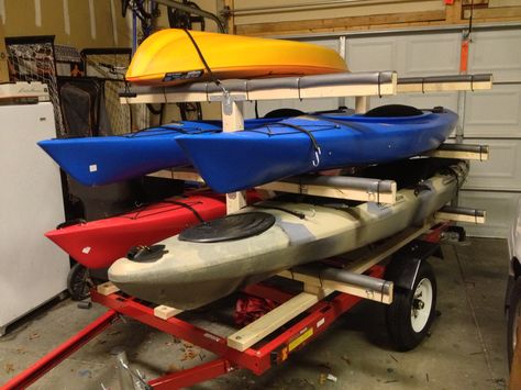 Homemade Kayak Trailer Rack Homemade Kayak, Diy Kayak Rack, Kayak Transport, Kayaking Ideas, Bed Extender, Kayak Storage Rack, White Water Kayak, Kayak Trailer, Canoe Boat