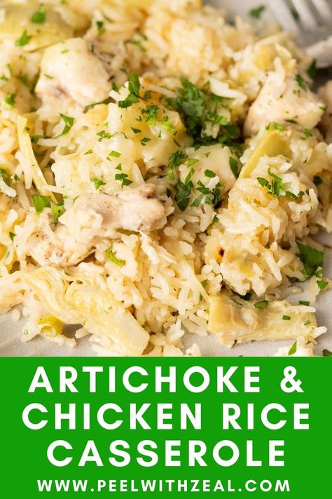 My artichoke chicken casserole is made with a delicious combination of tender chicken, artichoke hearts, and a cheesy golden brown topping. This creamy casserole is a total comfort food that the whole family will love! Ground Chicken Stuffed Peppers, Chicken Artichoke Recipes, Roasted Zucchini And Squash, Creamy Casserole, Chicken Artichoke, Chicken Casserole Recipe, Chicken Rice Casserole, Rice Casserole Recipes, Artichoke Chicken