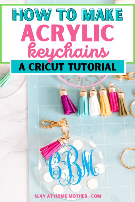 These gorgeous DIY acrylic keychains make great personalized birthday or holiday gifts! Grab your Cricut and make them for your friends and family! #cricut #cricutcrafts #slayathomemother #cricutcreated #cricutmade #keychains #easycrafts Free Svg Files For Keychains, Acrylic Keychain Design Ideas, Free Acrylic Keychain Svgs, Acrylic Keychains Diy Cricut Tutorial, Cricut Round Keychain Ideas, How To Seal Vinyl On Acrylic Keychains, Keychain Svg Free, Circle Acrylic Keychain Ideas Cricut, Acrylic Keychains Diy Cricut