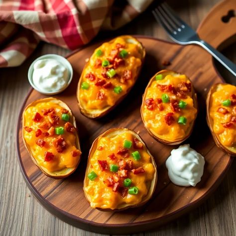 ✨ You HAVE to try these Loaded Baked Potato Skins! They’re the ultimate comfort food! Here’s how to make them:  🥔 Bake 4 large potatoes until soft.   🥓 Cook 8 crispy slices of bacon.   🥄 In a bowl, combine 1 cup sour cream, ½ cup milk, 4 tablespoons butter, ½ teaspoon salt, and ½ teaspoon pepper.   🧀 Mix in ½ cup shredded Cheddar cheese (save some for later!) and 4 sliced green onions.   🥔 Scoop out potato insides and blend with the creamy mix.   🧀 Refill potato skins, top with remaining cheese and green onions, then bake until golden and bubbly!  These are a phenomenal side dish or perfect for leftovers! Your family will be licking their plates clean! 💖✨ Loaded Baked Potato Skins, Baked Potato Skins, Bacon Potato, Loaded Baked Potato, Shredded Cheddar Cheese, Loaded Baked Potatoes, Potato Skins, Ultimate Comfort Food, Green Onions