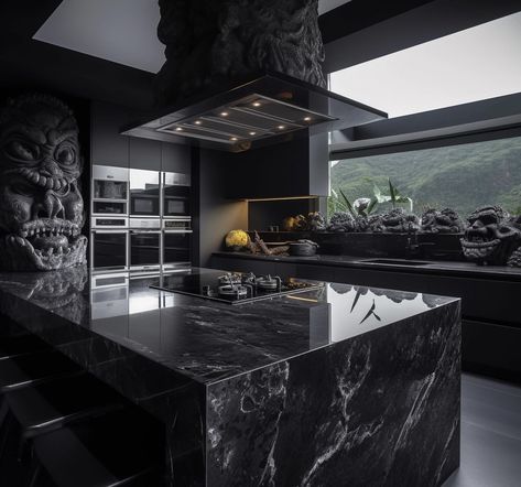 Black Luxury Kitchen Design, Black Marble House Interior Design, Monochromatic Kitchen Black, Black Home Design House, House Outer Design Aesthetic, Dark Home Aesthetic Kitchen, Black House Inspiration, All Black Modern House Interior Design, Black House Asthetics