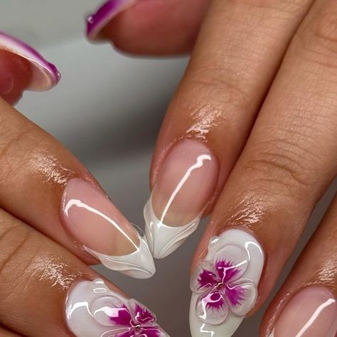 MIAMI NAILS BY CAMI🌴☀️ on Instagram: "🌺 Inspo: @nnailedbynic  • • • • •  #miami #nails #nailsofinstagram #pp #bossbabe #nailsnailsnails #305nails #nails2inspire #apresgelx #almondnails #frenchtipnails #wynwoodnails #doral nails #miaminailartist #jawnails2 #miaminails #miaminailtech #kendallnails #nails #square nails #encapsulatednails #blackfrenchnails #nailporn #auranails #bluenails #quartznail #chromenails #airbrushnailart #3dnails #buildergel #miaminailartists" Orchid Nails, Nagel Design, Chrome Nails Designs, Nagel Tips, Easy Nails, Summery Nails, Fake Nails With Glue, White Nail, Nails Inspo