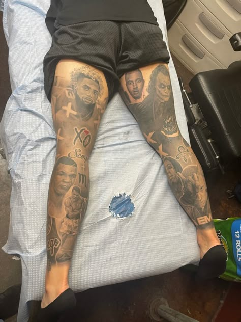 Devin Haney Tattoo, Black Leg Tattoo Men, Devin Haney Leg Tattoo, Half Sleeve Leg Tattoo Men, Leg Sleeve Tattoo Male For Men, Rare Tattoos Men Leg, Men Leg Tattoo Ideas Design, Portrait Leg Sleeve Tattoo, Leg Portrait Tattoo