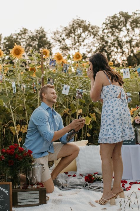 Proposal Ideas Engagement Sunflowers, Sunflower Proposal Ideas, Sunflower Field Proposal, Orchard Proposal, Proposal In Sunflower Field, Proposal In A Field, Romantic Proposal, Sunflower Fields, Lily Pulitzer