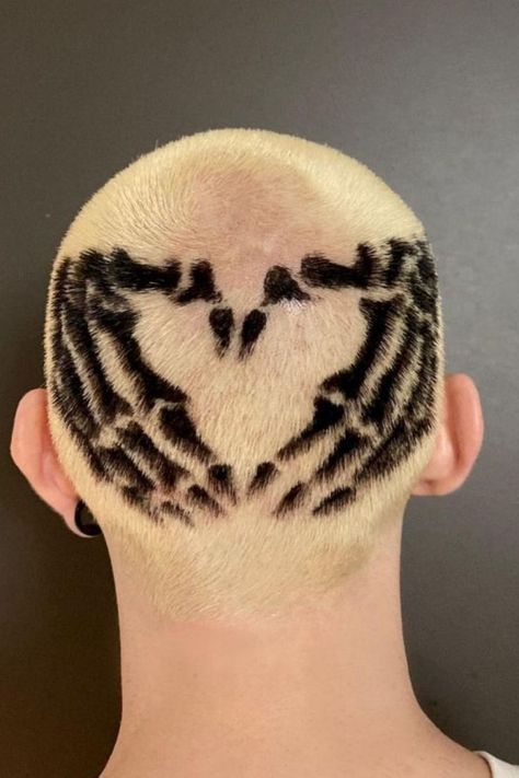 Buzz Cut With Skull Hair Tattoo Hair Tattoo Designs, Buzzed Hair Women, Shaved Head Designs, Haircut Designs For Men, Cool Hair Designs, Buzz Cut Hairstyles, Tie Dye Hair, Hair Colour Design, Mens Summer Hairstyles