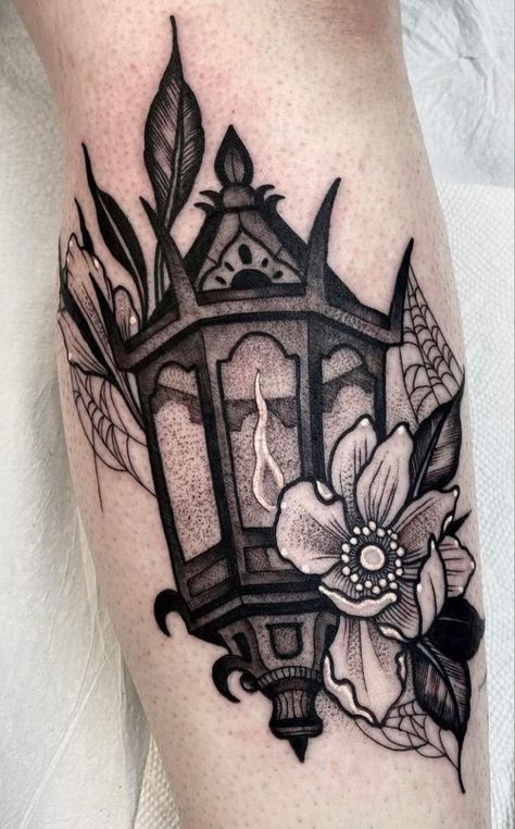 Lantern Tattoo, Black Lantern, Moth Tattoo, Dot Work Tattoo, S Tattoo, Blackwork Tattoo, Creative Tattoos, Tattoo Styles, Thigh Tattoo