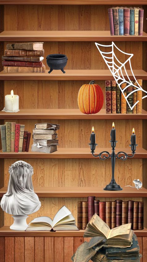 Spooky shelf iPhone wallpaper #spooky Iphone Shelf Wallpaper, Iphone Wallpaper Spooky, Shelf Wallpaper, Bookshelves, Iphone Wallpaper, Shelves, Iphone