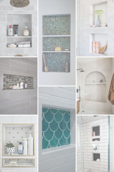 A shower niche is a great way to add style and function to your bathroom remodel. Here are 15 awesome shower niche ideas + tips for designing a shower niche. Toilet Niche Design Ideas, Master Shower Niche Design, Tiled Recessed Niches In Showers, Bathtub Shower Combo Niche, Shower Tile Shelf Built Ins, Niches Design Wall Bathroom, Bath Niche Ideas, Bathtub Niche Placement, Niche Bathroom Ideas