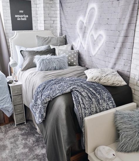 8 Best Color Schemes For Dorm Rooms | Society19 Blue And Grey Bedroom, Closet Interior, College Bedroom Decor, Marble Pillow, Dorm Pillows, Stylish Bedroom Design, College Bedroom, College Dorm Room Decor, Dorm Room Designs