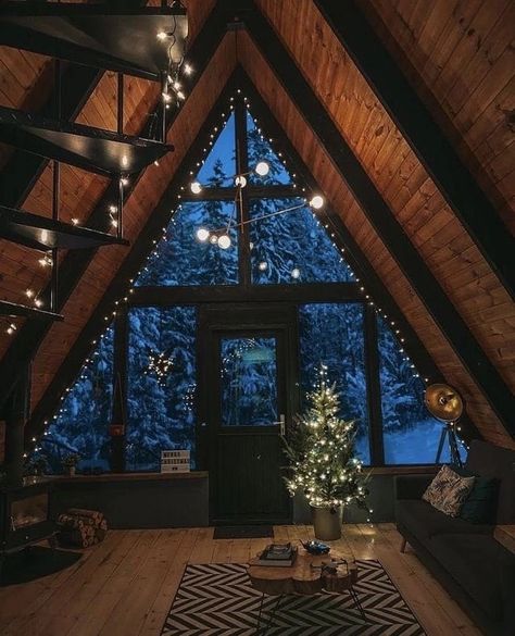 A Frame Cabin Decor, A Frame Cabin Interior Ideas, A Frame Living Room, A Frame Cabin Interior, A Frame Christmas, Black A Frame, A Frame Houses, A Frame House Interior, Dark Cabin