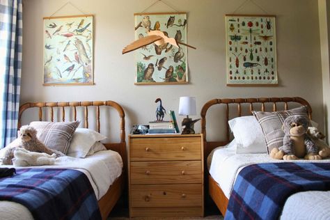 Horizontal view of a country cottage style boys room with blue plaid curtains. Traditional Boys Room, Boys Cabin Bedroom, Blue Plaid Curtains, Americana Boy Room, Vintage Toddler Boy Room, Whimsical Bedroom Kids, Kids Cabin Bedroom, Bedroom Inspo Teen, Vintage Little Boys Room