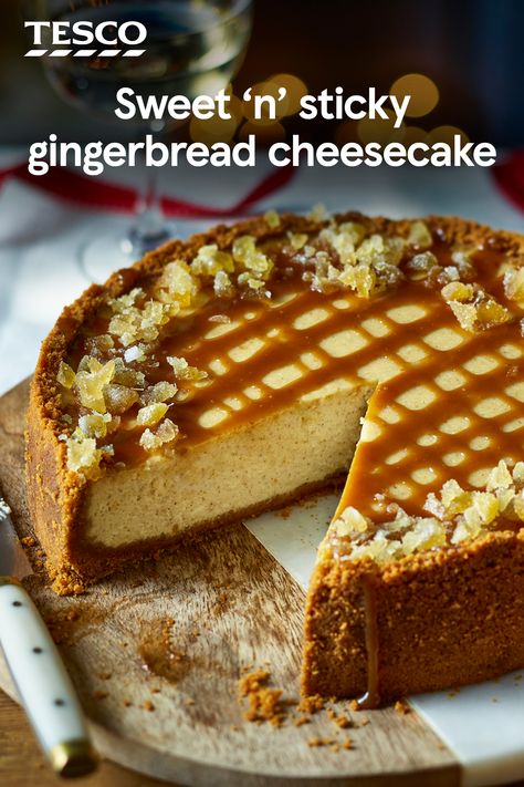 Put a festive spin on a classic with this gingerbread twist on a baked cheesecake. With a buttery gingernut base, creamy spiced filling and generous drizzle of salted caramel sauce, this indulgent pud is the ultimate Christmas dessert. | Tesco Classic Dinners, Recipes Pictures, Gingerbread Cheesecake, Christmas Cheesecake, Baked Cheesecake, Tesco Real Food, Salted Caramel Sauce, Christmas Dessert, Ultimate Christmas