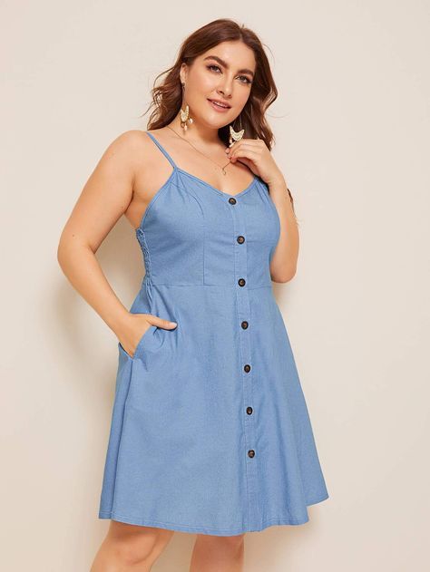 Plus Button Front Shirred Denim Cami Dress Denim Tube Dress, Belted Denim Dress, Denim Pinafore Dress, Patch Dress, Chubby Fashion, Fashion Terms, Plus Size Denim, Preppy Dresses, Strap Dresses