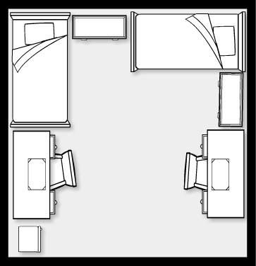 Dorm room layout 14x14 2 Bed In One Room Layout, Small Bedroom Layout For Two Twin Beds, Dorm Room Plan Layout, Dorm Layout Floor Plans Double, Two Beds In One Room Ideas Adults Layout, Shared Bedroom Layout Ideas, Twin Room Layout, One Room Two Spaces, Dorm Set Up Layout Double