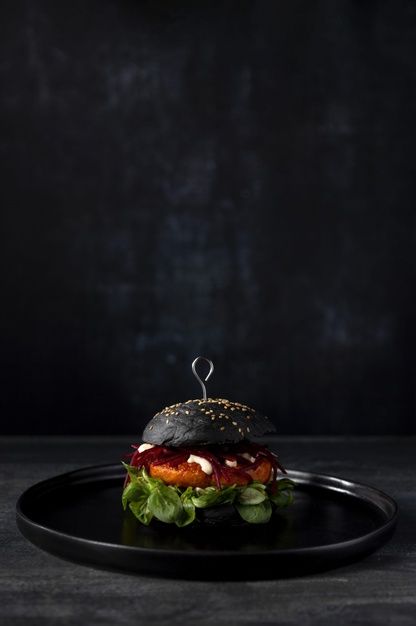 Front view burger with black buns and co... | Premium Photo #Freepik #photo Moody Food Photography, Dark Food Photography, Dark Food, Weber Grill, Food Styling Photography, Black Food, Beautiful Food Photography, Food Drink Photography, Food Photography Inspiration