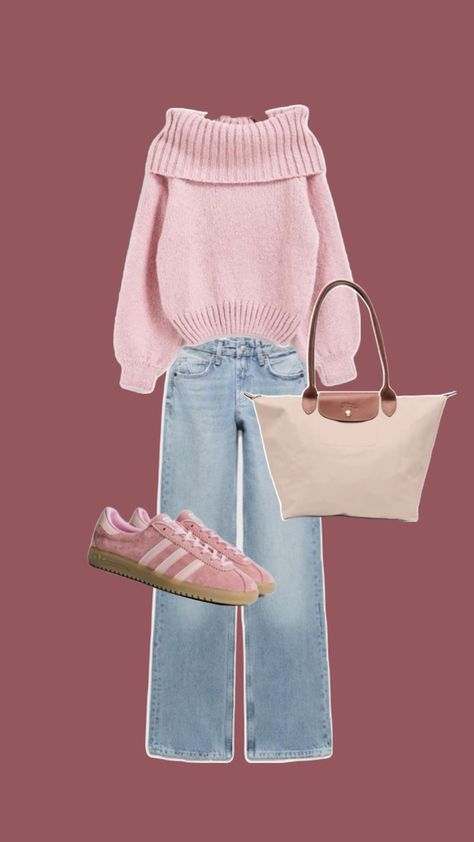 Outfit idea Idea For School, Collage Outfits, Sweater Outfit, Stockholm Fashion, Pink Outfits, Pink Outfit, Outfit Idea, Shoulder Sweater, Adidas Shoes