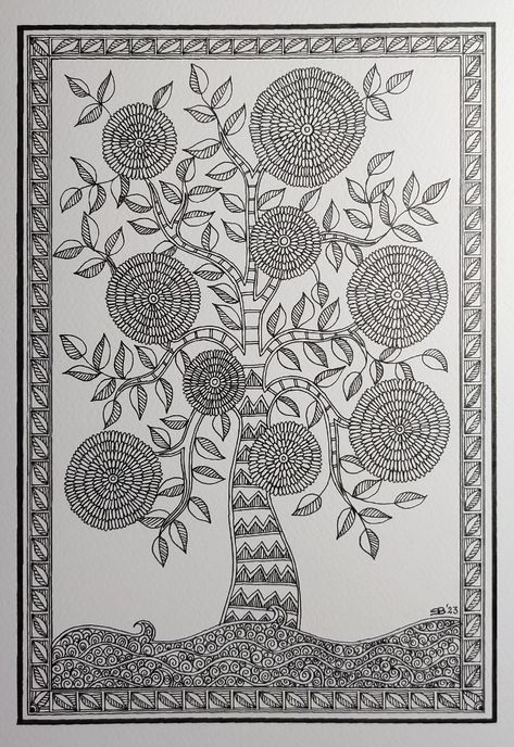 Pen Art Work Illustrations, Simple Madhubani Designs, Madhubani Sketch, Madhubani Embroidery, Madhubani Tree, Madhubani Drawing, Madhubani Paintings Peacock, Mithila Art, Worli Painting