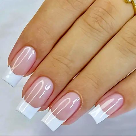 French Tip Acrylic Nails Square Thick White, Square Nail Tip Designs, Square Fake Nails, Summer Nail Designs With Rhinestones, French Nail Designs Square Long, French Design Nails Square, Gel French Manicure Color, White Coffin French Tip, Wide Square Nails