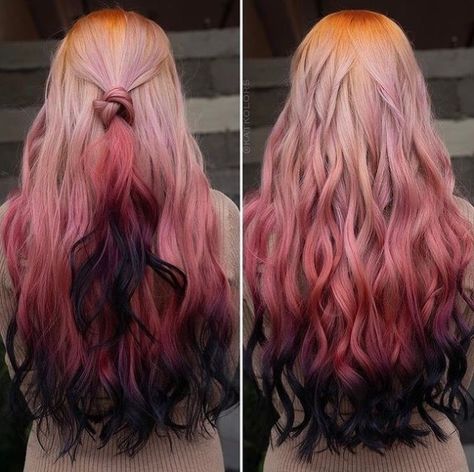 Pastel into Dark Pink Fade with Black Dip Dye Spider Orchid, Emo Haircuts, Black Tips, Cute Hair Colors, Creative Hair Color, Dyed Hair Inspiration, Styles Ideas, Dye Colors, Pretty Hair Color