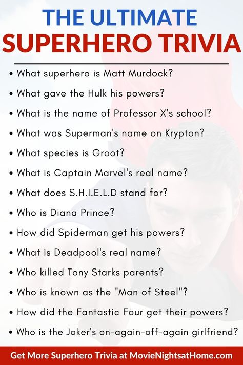 Superhero Trivia Questions and Answers (Marvel & DC) Marvel Trivia Quiz, Marvel Questions, Superhero Trivia, Superman Name, Superhero Template, Marvel Quiz, Question And Answer Games, Movie Trivia Games, Summer Movie Night