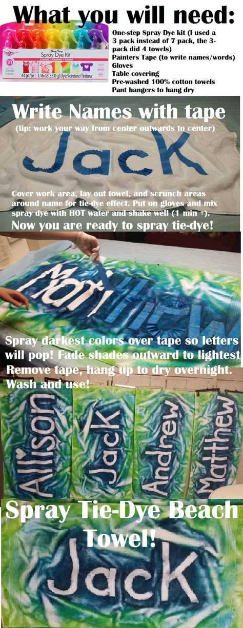 DIY Spray Tie-dye beach towel. Easy, fun and unique DIY gift or craft for summer. So easy and cute for kids or adults! Especially good for beach vacations, summer birthdays, or pool parties. Easy Diy Tie Dye, Meaningful Presents, Ty Dye, Tie Dye Party, Tie Dye Crafts, Diy Tie, How To Tie Dye, Diy Sprays, Diy Vetement