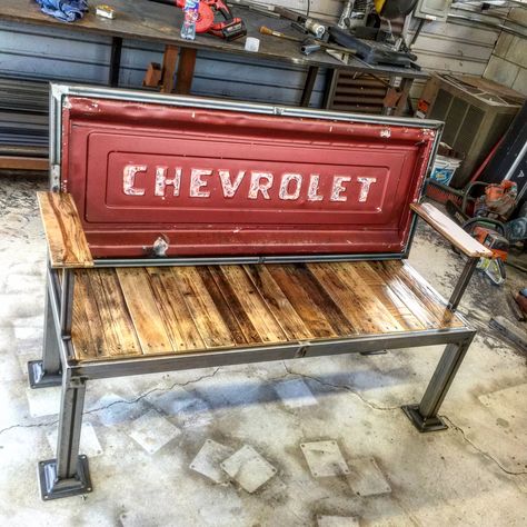 Truck Tailgate Bench, Metal Flower Art, Tailgate Bench, Sales Report, Cool Welding Projects, Mechanical Projects, Metal Patio Furniture, Man Cave Room, Truck Tailgate