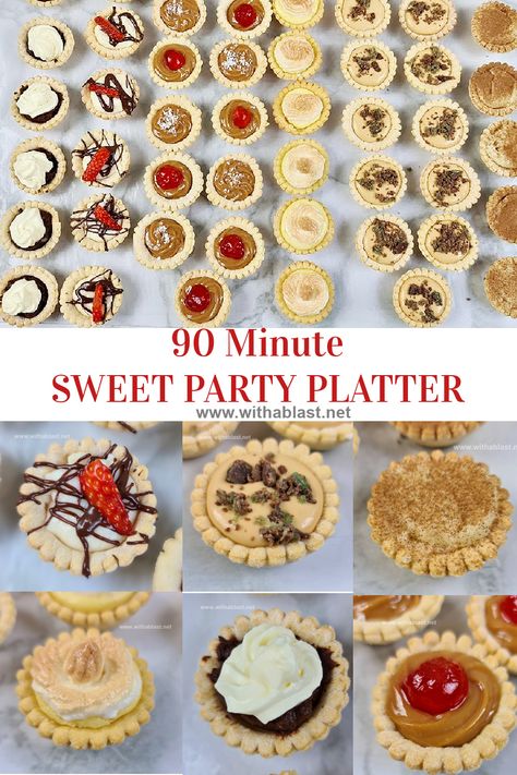 Divine Sweet Party Platter with the most decadent fillings. Six different fillings - 80 sweet treats in 90 minutes ! High Tea Sweets Mini Cakes, Sweet Platters For Entertaining, Sweet Platter Ideas Snacks, Platter Ideas Sweet, Easy Dessert Platter, Sweet Platter Ideas Desserts, Sweet Platters Ideas, Sweets Platter Ideas, Pastry Platter Ideas