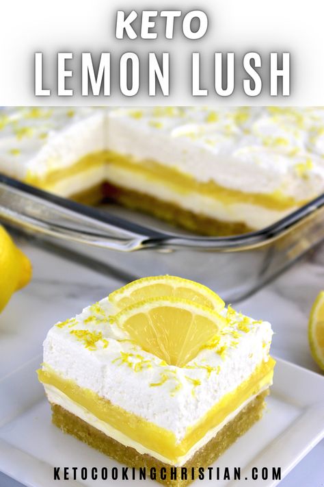 This incredibly delicious Keto Lemon Lush, with beautiful layers of tangy lemon curd, fluffy whipped cream, luscious cheesecake and vanilla shortbread crust, makes one impressive dessert for any occasion. #lemonlushrecipe #ketodesserts #lowcarbdesserts #ketolemondesserts #ketolemonlush Lemon Shortcake, Lemon Lush Recipe, Keto 2023, Sugar Free Lemon Curd, Lemon Lush Dessert, Keto Favorites, Keto Pie, Gluten Free Party Food, Vanilla Shortbread