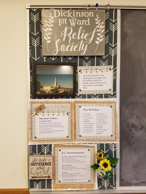 Relief society bulletin board Relief Society Bulletin Board, Bulletin Board Makeover, Relief Society Birthday Gifts, Lds Relief Society Activities, Relief Society Visiting Teaching, Relief Society Birthday, Bulletin Borders, Event Director, Lds Relief Society