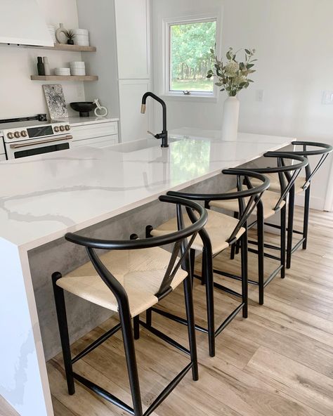 Wishbone Counter Stool Kitchen, Wishbone Bar Stools, White Kitchen Black Bar Stools, Wishbone Bar Stool Kitchen, Black Island Chairs, Wishbone Bar Stool, Kitchen Barstool Ideas, Black Bar Stools Kitchen Island, Black Bar Stools Kitchen