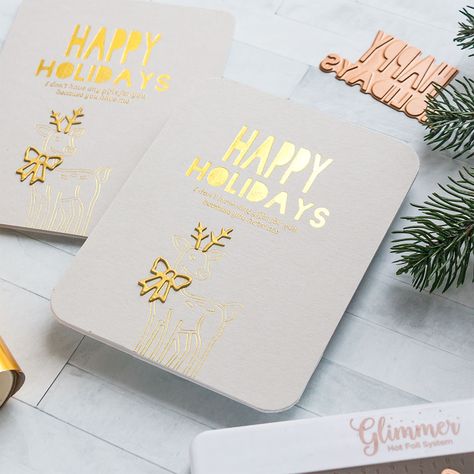 Happy Holidays hot foil card by Yana Smakula for Spellbinders Glimmer Hot Foil, Happy Holiday Cards, Seal Gifts, Scrapbooking Album, Die Cut Cards, Foil Cards, Blog Inspiration, Paper Organization, 50th Gifts