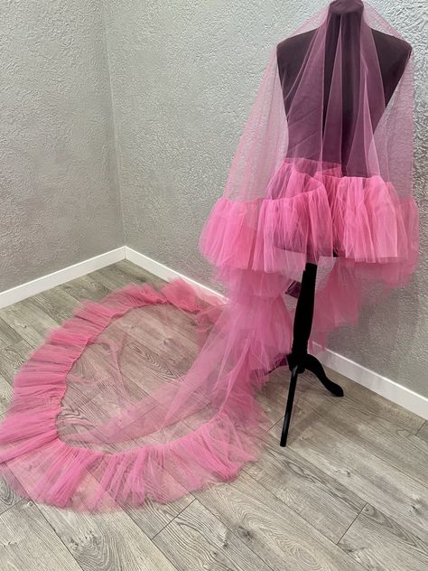 Colorful Veils Bridal, Pink Wedding Dress With Veil, Heart Veil, Colorful Veil, Unique Veils, Pink Wedding Veil, Pink Wedding Viel, Hot Pink Bridal Veil, Veil With Pink Flowers