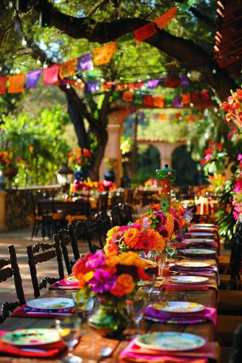 29 Garden Party Decor Ideas to Elevate Your Outdoor Celebrations 28 Mexican Garden Party, Mexican Party Decorations Ideas, Mexican Wedding Reception, Mexican Table Setting, Festival Garden Party, Mexican Wedding Decorations, Mexican Decorations, Mexican Theme Party Decorations, Ideas Bautizo