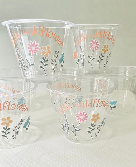 Little wildflower baby in bloom party cups 9 oz plastic disposable wine drink favor cups baby shower wildflower birthday Wildflower Dessert Table, Wildflower Party Theme, Baby Shower Wildflower, Bloom Party, Wildflower Birthday Party, Drink Favors, Wildflower Party, Wildflower Birthday, Birthday Blast