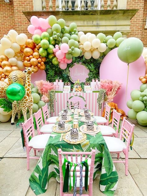 Kara's Party Ideas Pink Jungle Dreams Party | Kara's Party Ideas Pink Jungle Birthday Party, Barbie Safari Party, Pastel Jungle Theme Birthday Party, Pink Safari Birthday Party Decoration, Girly Jungle Birthday Party, Pink Jungle Party, Wild 2 Birthday Party Girl, Welcome Two The Jungle Party Girl, Girl Jungle Birthday Party