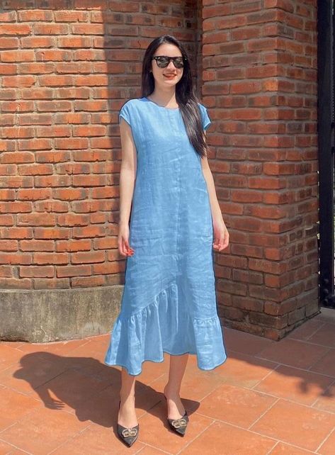 Sleeves For Sleeveless Dress, Lenin Frocks For Women, Linen Frocks For Women, Frocks For Women Knee Length, Linen Frocks, Tunik Linen, Frocks For Women, Cotton Dress Pattern, Linen Style Fashion