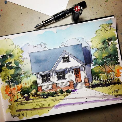 bungalow sketch | Quick sketch for another in my bungalow se… | Flickr - Photo Sharing! Watercolour Houses, Watercolor And Ink Illustration, Architectural Sketches, Watercolor Architecture, Ink Paintings, Colour Art, Travel Journals, Cottage Art, Ink Illustration