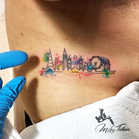 London Skyline Tattoo, Skyline Tattoo, Outline Tattoo, London Tattoo, London Skyline, Watercolor Tattoo, London, Tattoos