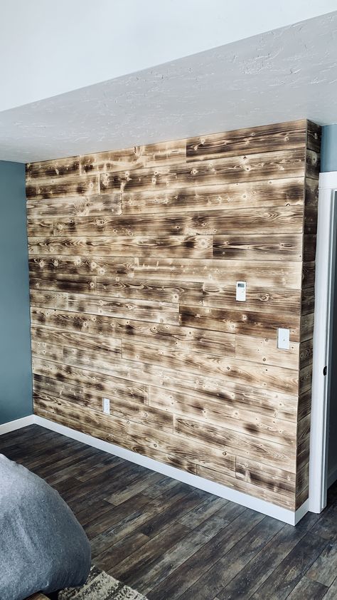 Charred Shiplap Accent Wall Shiplap Wall With Pallet Wood, Burnt Wood Accent Wall, Burnt Shiplap Wall, Wall Planking Ideas, Shiplap Wall From Pallets, Rough Sawn Shiplap Wall, Rustic Wood Headboard, Barn Wood Accent Wall Lowe's, Torch Wood