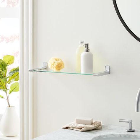 Bathroom Hardware & Fixtures | West Elm Glass Floating Shelves, Circle Shelf, Shelf Cover, Bath Shelf, Metal Wall Shelves, Mirror With Shelf, Chrome Metal, Metal Shelves, Bathroom Hardware