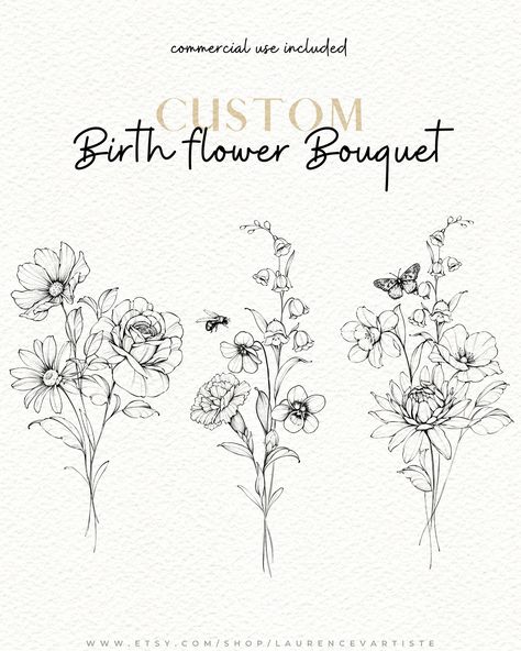 Custom birth month flowers tattoo design ♡💐 Get your family, your kids, your siblings or simply your own birth flower bouquet tattoo ♡ This is a beautiful way to symbolize your loved ones ♡ Choose the months and I will create a delicate flower bouquet in less than 48 hours! You can also choose some extra add-ons like a bee, a butterfly and more ♡ Click link in bio to access to my service on my Etsy shop, or click link in my story now ♡ #tattoodesign #birthflowertattoo #birthmonthflowers #fl...