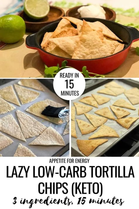 You'll love this brilliant 3 ingredient recipe hack for making crunchy, low-carb tortilla chips. Dip healthy tortilla chips into guacamole, serve with hot, cheesy, beef nachos or top with your favorite cheese. This easy recipe uses store bought keto friendly tortillas both grain-free OR with gluten. #tortillachips #KetoRecipes #LowCarbMexican #ketosnacks Tortilla Chips Dip, Healthy Tortilla Chips, Lazy Low Carb, Dip Healthy, 3 Ingredient Recipe, Beef Nachos, Healthy Tortilla, Chips Dip, Low Carb Mexican