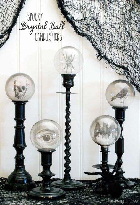 This is brilliant: Spooky Crystal Ball Candlesticks, using graphics printed on transparencies & Christmas ornaments! (Full tutorial at link.) Spooky Diy Halloween Decor, Halloween Candlesticks, Diy Halloween Dekoration, Hallowen Ideas, Homemade Halloween Decorations, Halloween Memes, Diy Halloween Decor, Homemade Halloween, Halloween Vintage