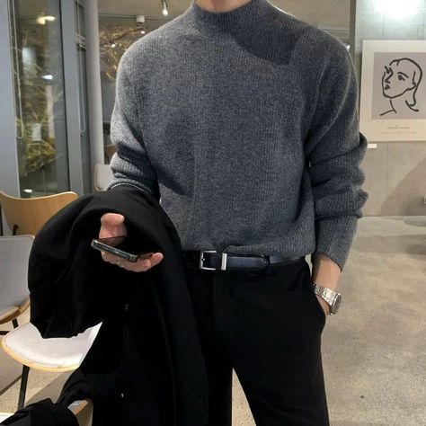 OH Sleek Classic Ribbed Sweater-korean-fashion-Sweater-OH Atelier-OH Garments Mens Formal Sweater Outfit, Comfortable Outfits For Men, Masculine Sweater Outfit, High Class Outfits Men, Grey Turtleneck Outfit Men, Nerdy Guys Outfits, Fall Outfits Men 2024, Casual Elegant Outfits Men, Aesthetic Mens Clothing