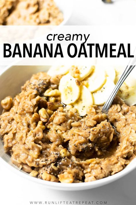 This creamy banana oatmeal is a morning favorite. It's made with rolled oats, mashed bananas, chia seeds, milk, vanilla extract, cinnamon, and a touch of pure maple syrup. It's the perfect make-ahead breakfast for the week! Breakfast For The Week, Breakfast Ingredients, Banana Oatmeal, Fun Easy Recipes, Gluten Free Oats, Breakfast Meal Prep, Make Ahead Breakfast, Pure Maple Syrup, Oatmeal Recipes