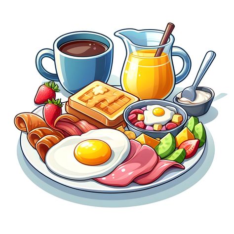 Cartoon Breakfast, Breakfast Stickers, Healthy Food Plate, Japanese Food Illustration, Desserts Drawing, Daily Crafts, School Images, Food Cartoon, Food Clipart